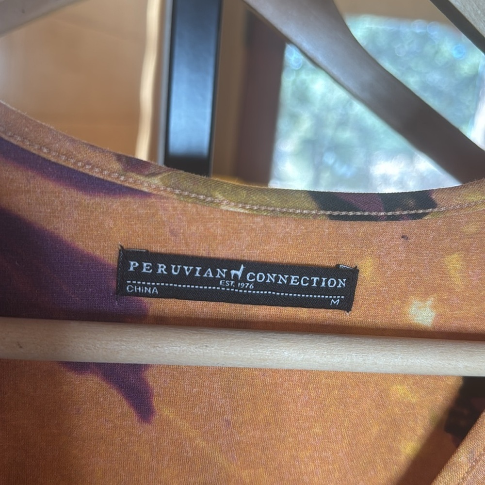 Peruvian Connection Palm Print Jersey Dress Medium Boho Wrap Style Orange Purple - Picture 7 of 9